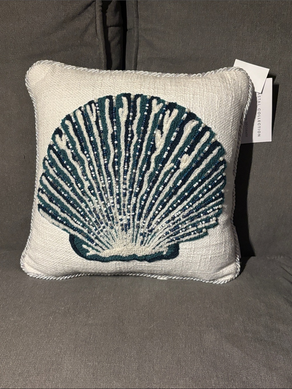 Coastal Collection White/Blue Accent Pillow with Teal Shell Embroidery NWT 12x12